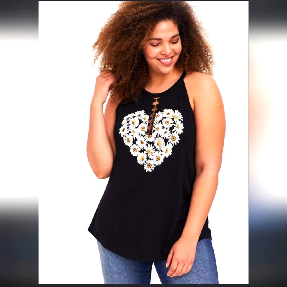 Torrid Black Daisy Heart O-Ring Goddess Tank